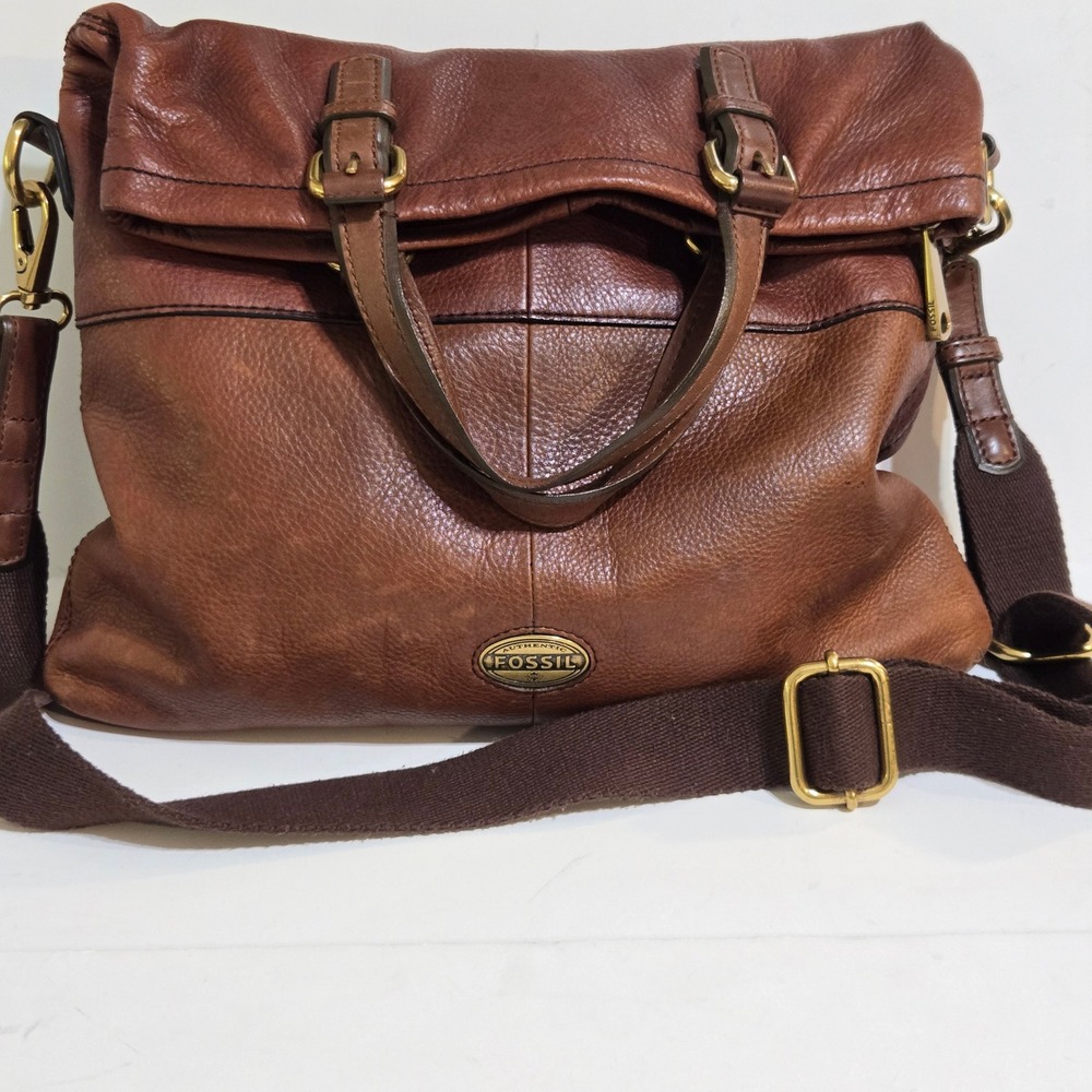 Fossil Explorer Crossbody Bag Large Brown Leather Foldover Messenger Tote Vtg
